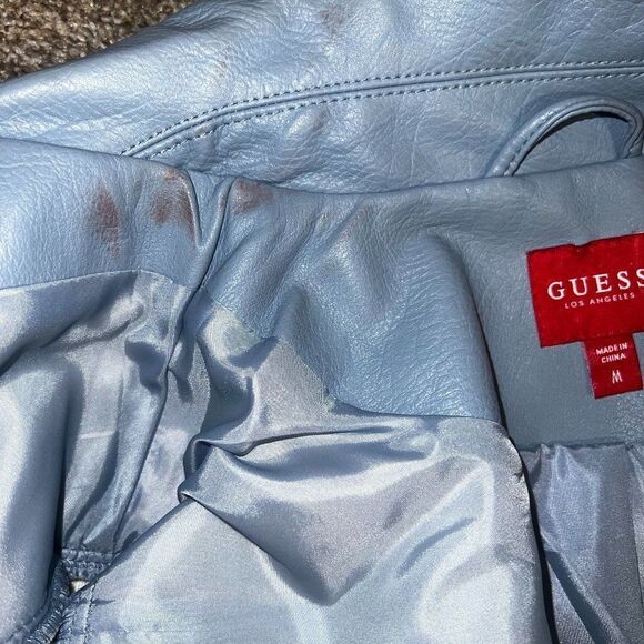 Medium GUESS Baby Blue Scarlett Faux Leatherette double breasted Moto Jacket - Picture 4 of 11